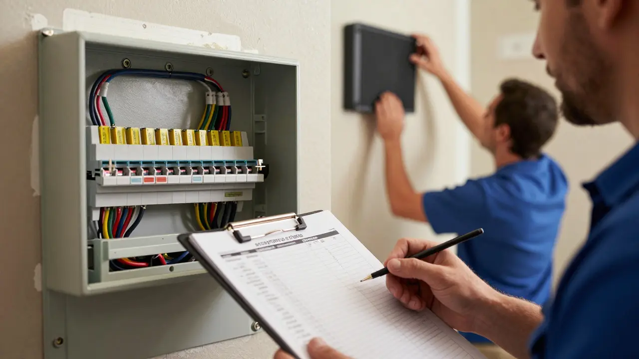 Contractor inspecting labeled electrical wiring next to an installed speaker