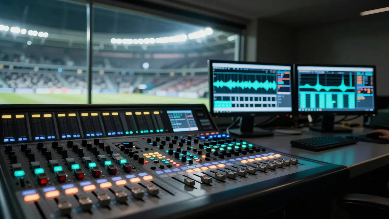 Control room operator monitoring audio and video systems during a live event