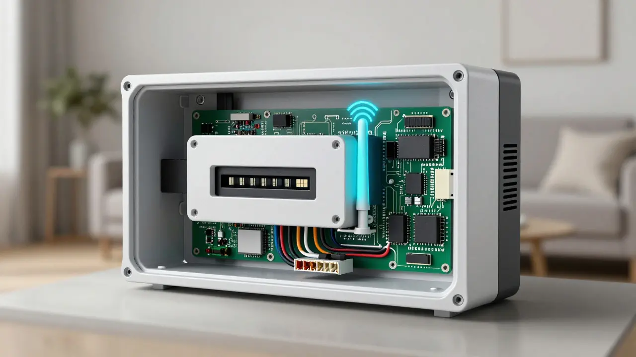 Cutaway view of a security panel showing internal cellular SIM card module