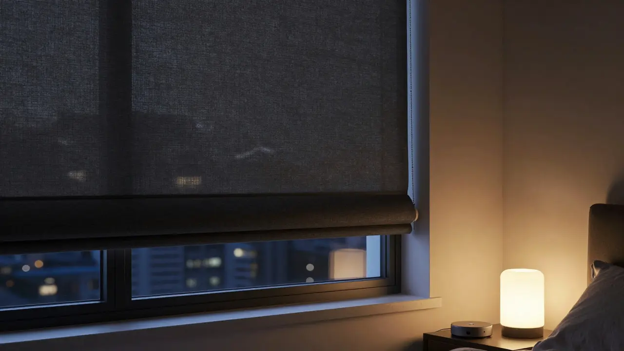 Dark bedroom with blackout smart shades providing privacy and total darkness at night