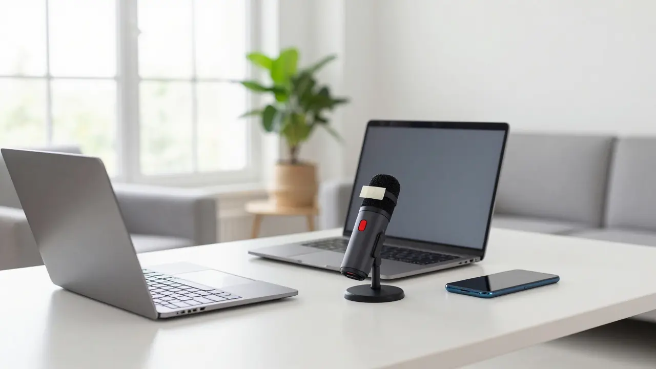 Desk setup with muted microphone and covered camera for privacy