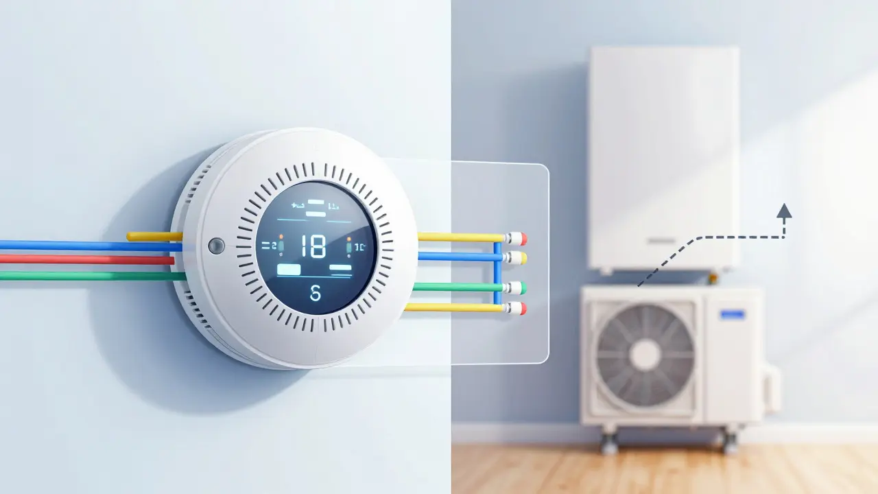 Diagram showing smart thermostat connections to furnace and heat pump