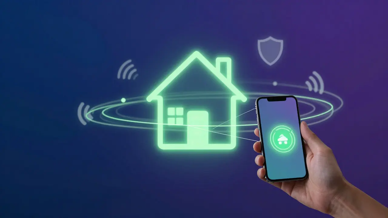 Digital illustration of a house connected to a smartphone via data streams