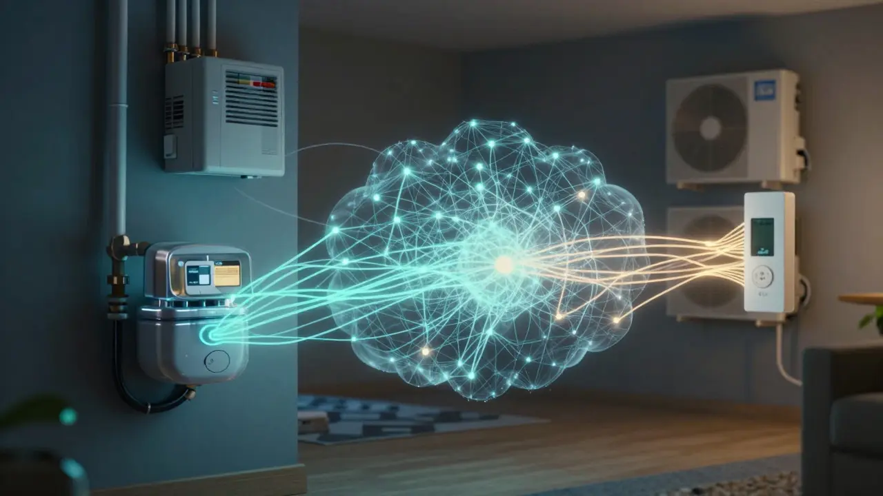 Digital illustration of glowing data streams connecting home sensors