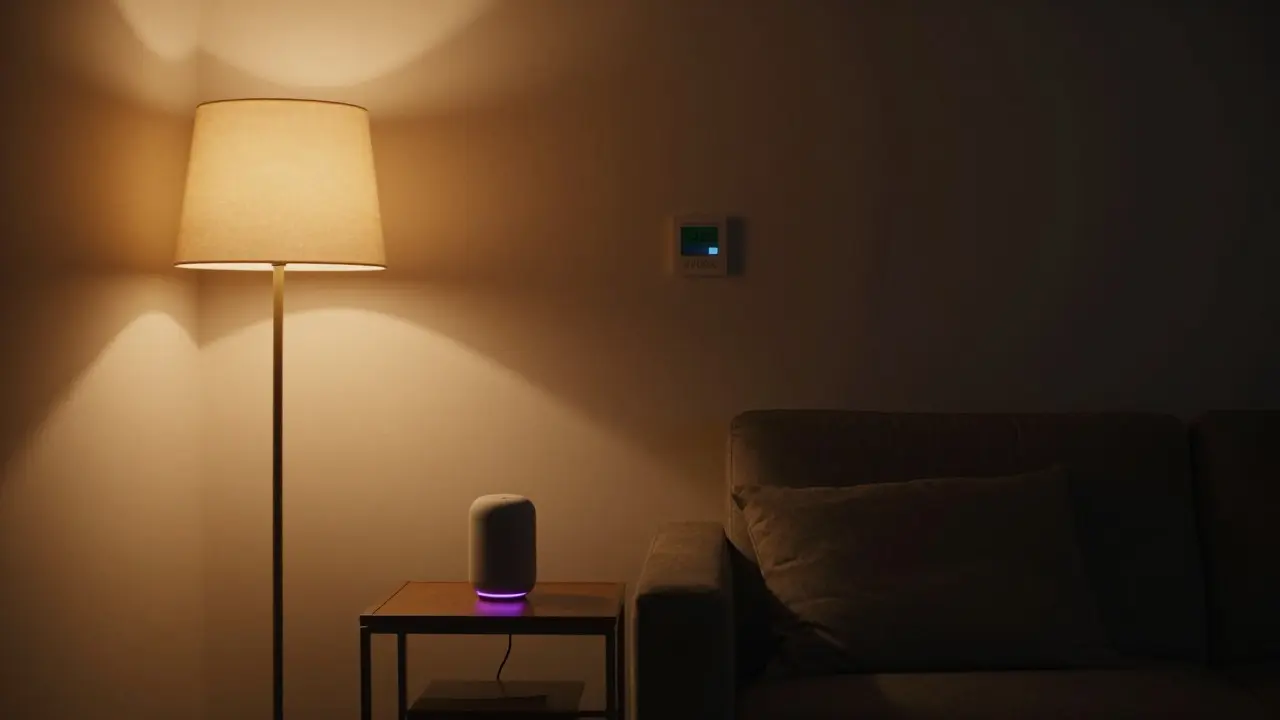 Dimly lit living room with warm ambient lighting and a smart speaker ready for use