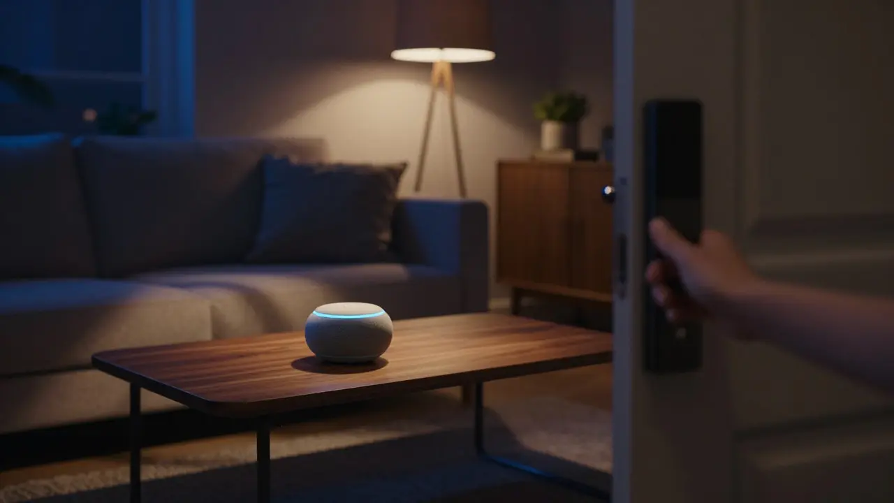 Dimmed warm lights and a smart speaker in a living room during bedtime mode