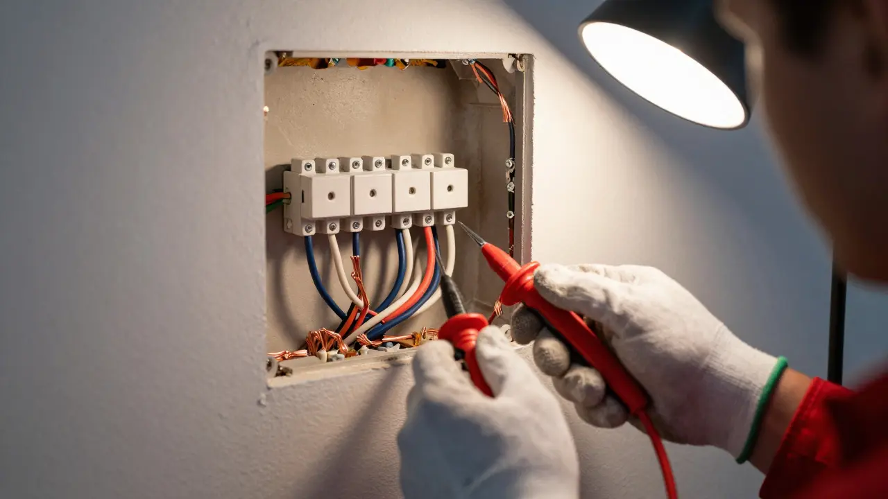 Electrician checking neutral wire in an open junction box
