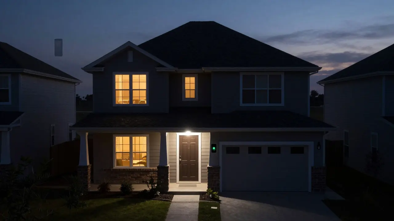 Exterior of a house at dusk with randomized lights indicating away mode security