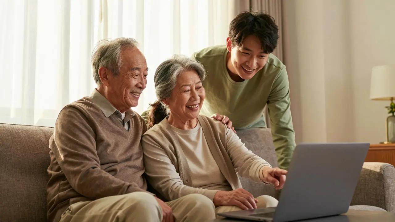 Family member assisting elderly parents with a laptop in a cozy living room