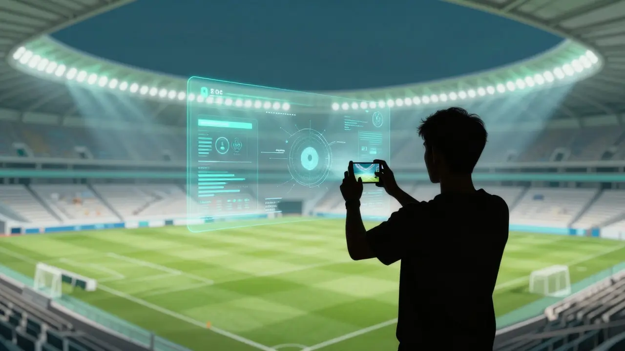 Fan using smartphone AR overlay to view enhanced graphics in a stadium
