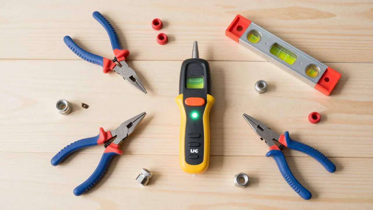 Flat lay of smart home installation tools including voltage tester and pliers on wood