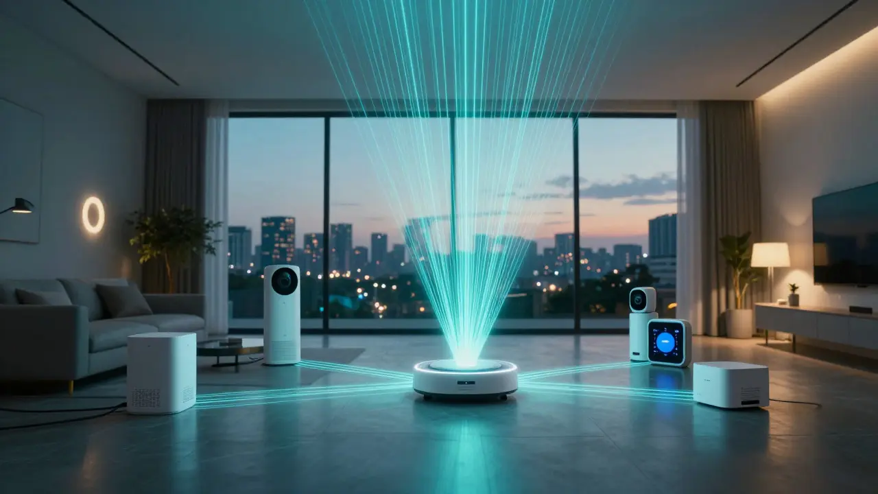 Futuristic living room with light trails connecting devices to a central hub