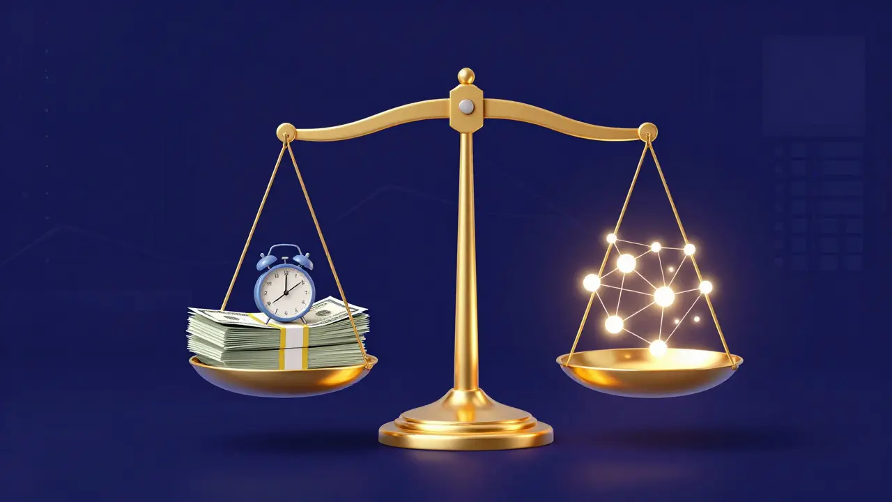 Glass scale balancing money and data concepts against a blue background