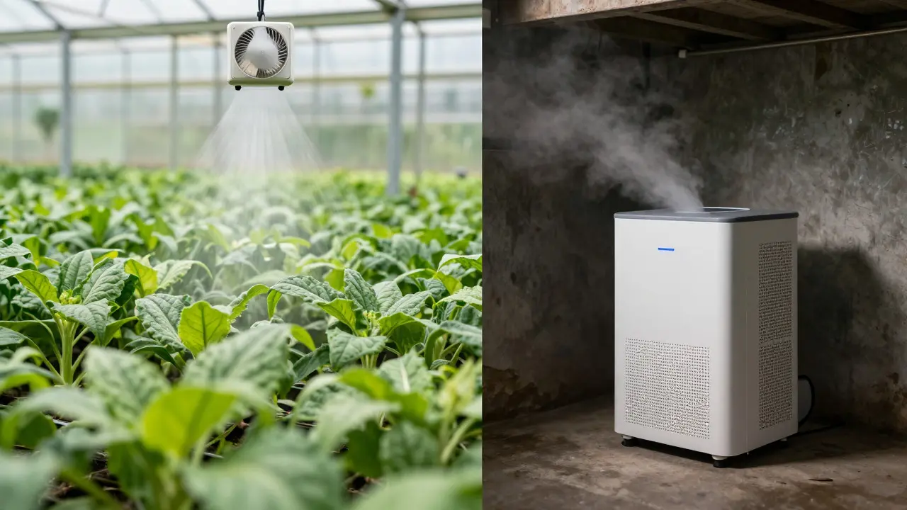 Greenhouse ventilation fan and basement dehumidifier