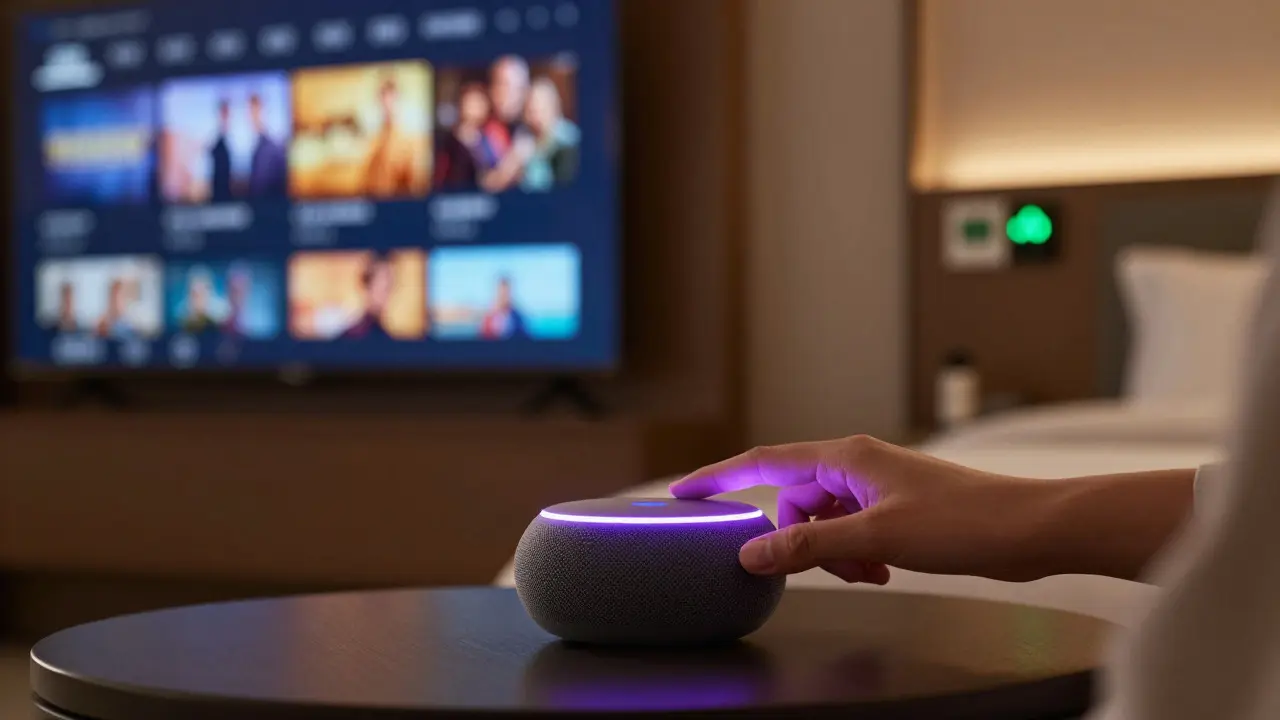 Guest using a voice assistant in a hotel room with ambient lighting and smart TV