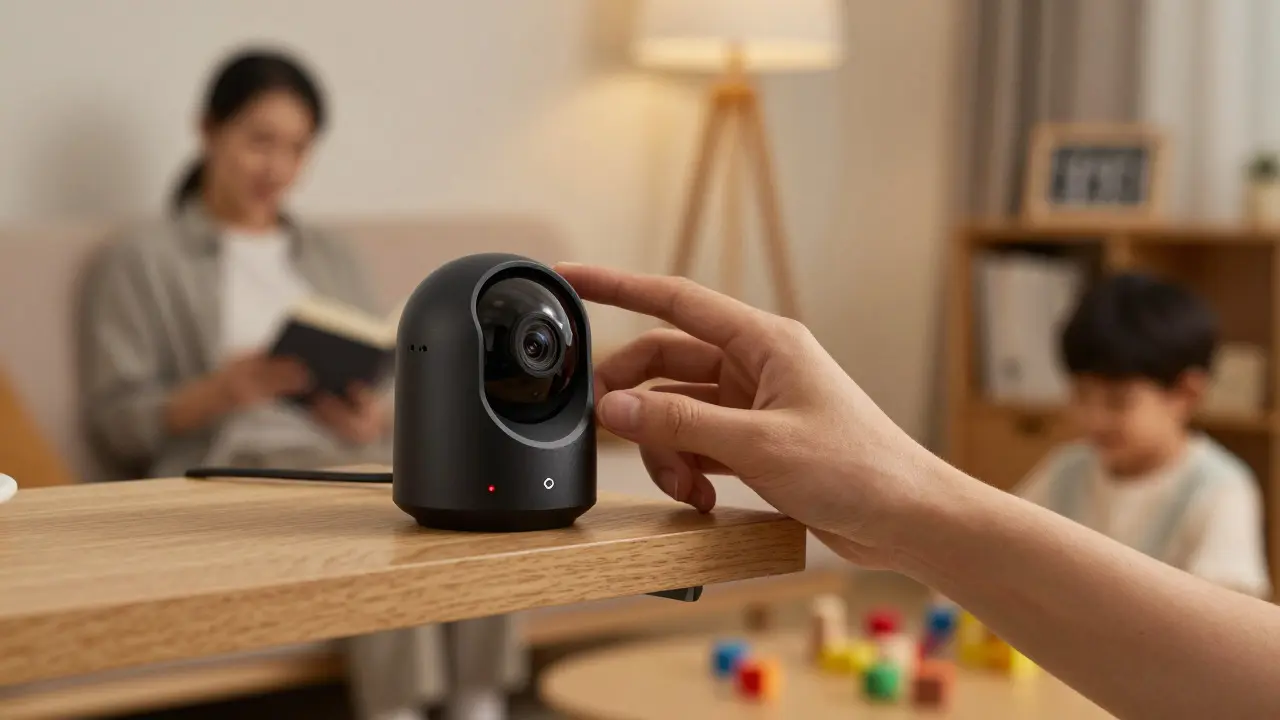 Hand adjusting an indoor security camera angle in a living room with a family in background