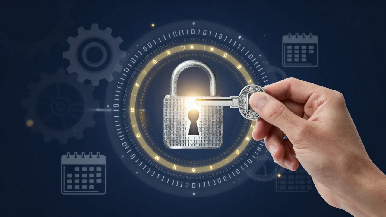 Hand holding a digital key turning a lock made of encryption symbols