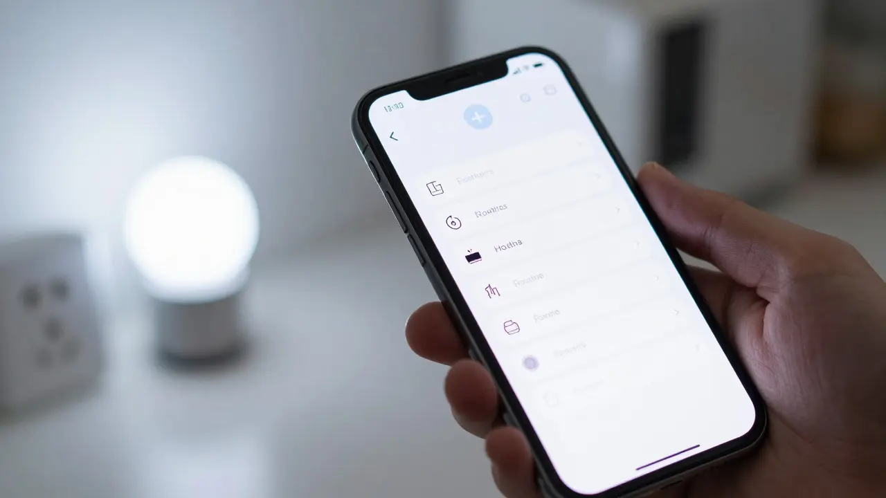 Hand holding a phone showing a setup interface for home automation routines