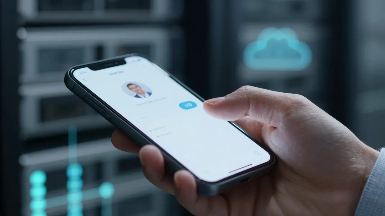 Hand holding a smartphone adjusting settings with abstract data streams in the background
