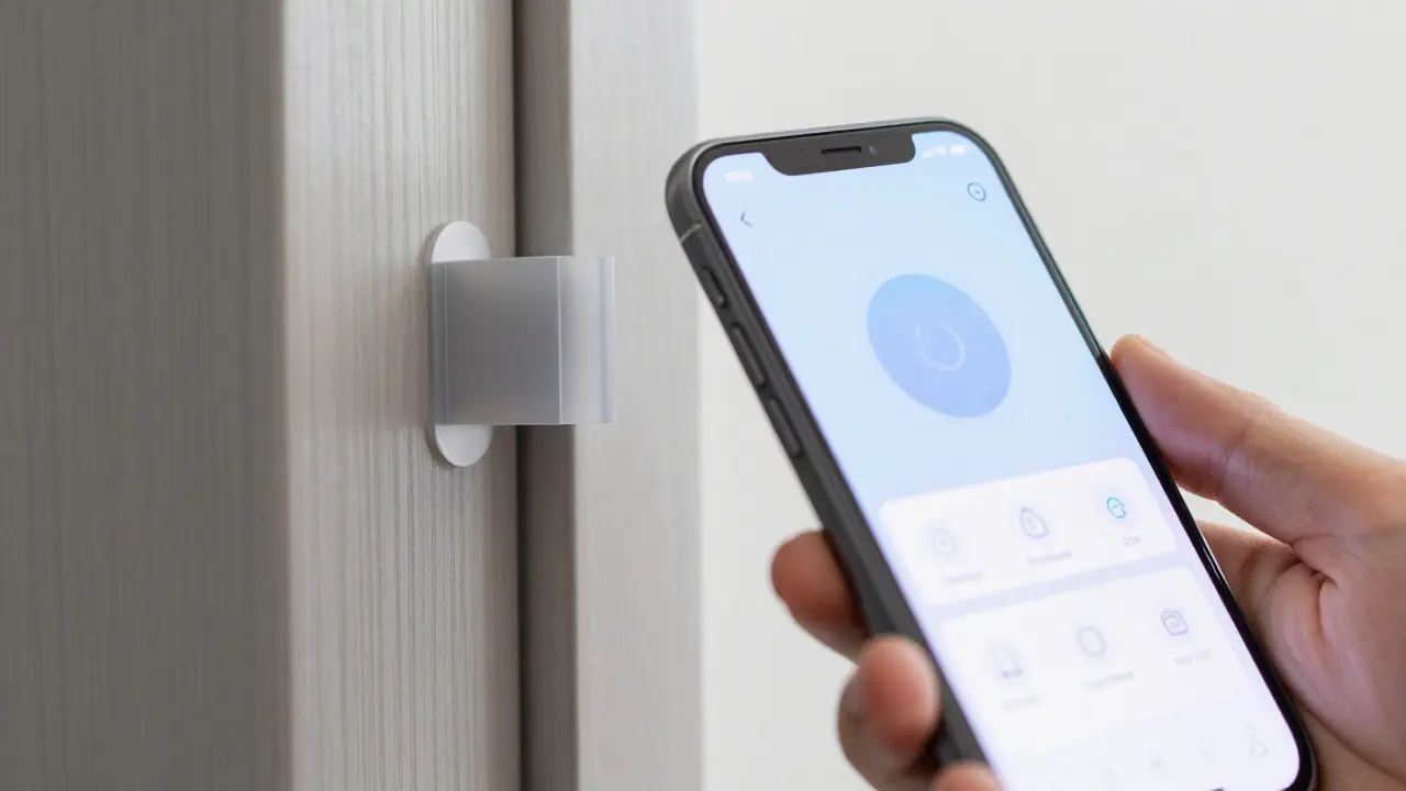 Hand holding phone near a wireless doorbell mounted with adhesive on a door frame