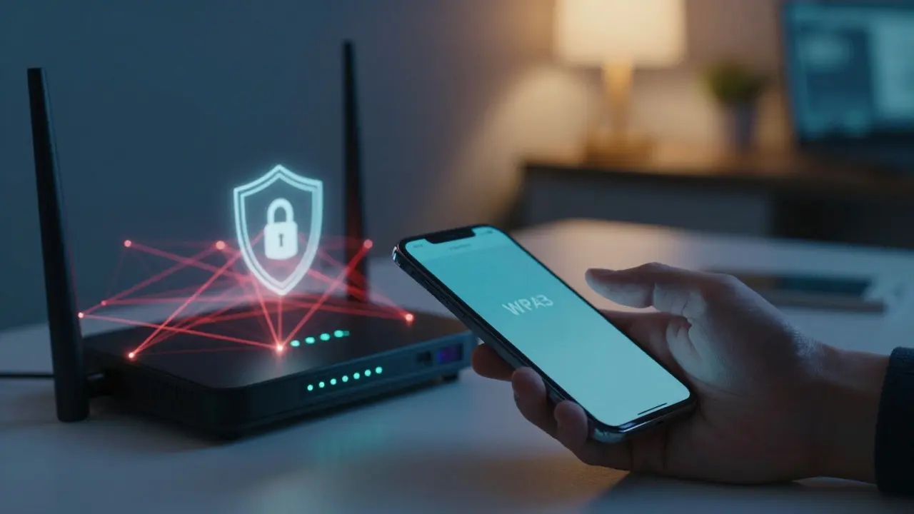 Hand holding phone next to router with digital security shield effect