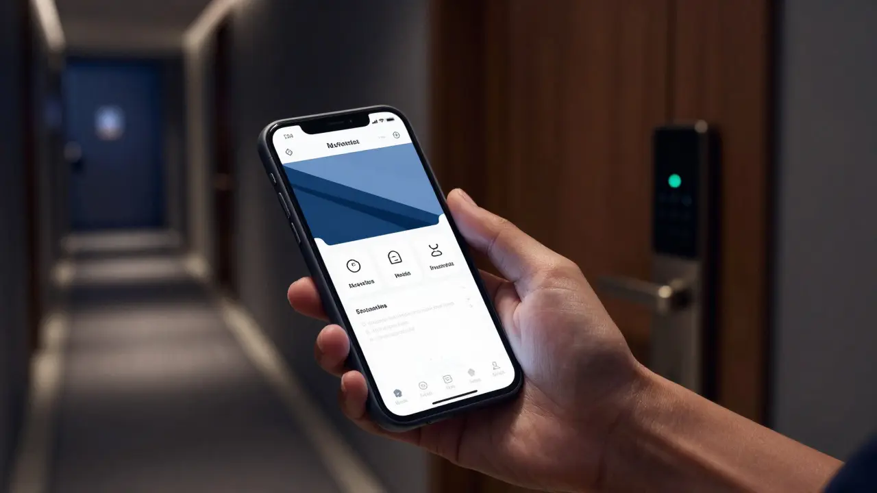 Hand holding smartphone near a hotel door with digital lock
