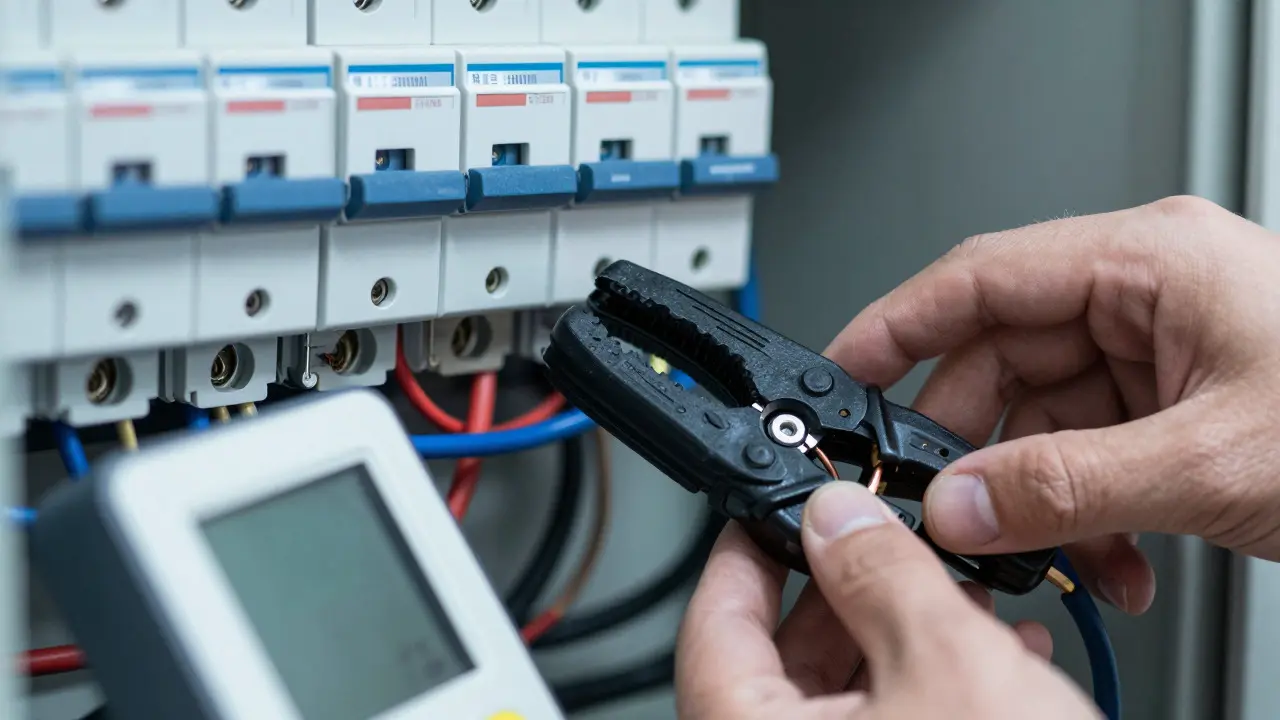 Hand installing a clamp-on energy sensor onto wires inside a breaker panel
