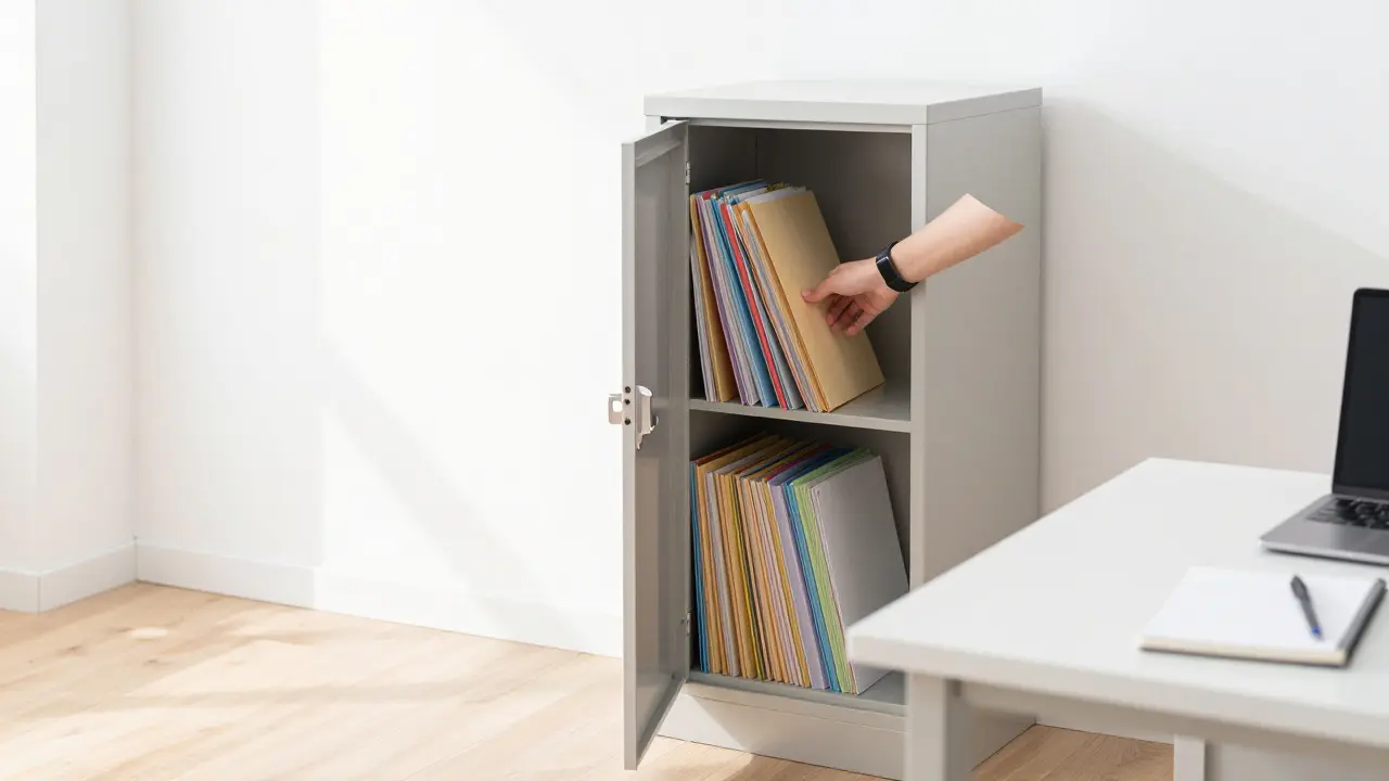Hand organizing folders in a secure office filing cabinet