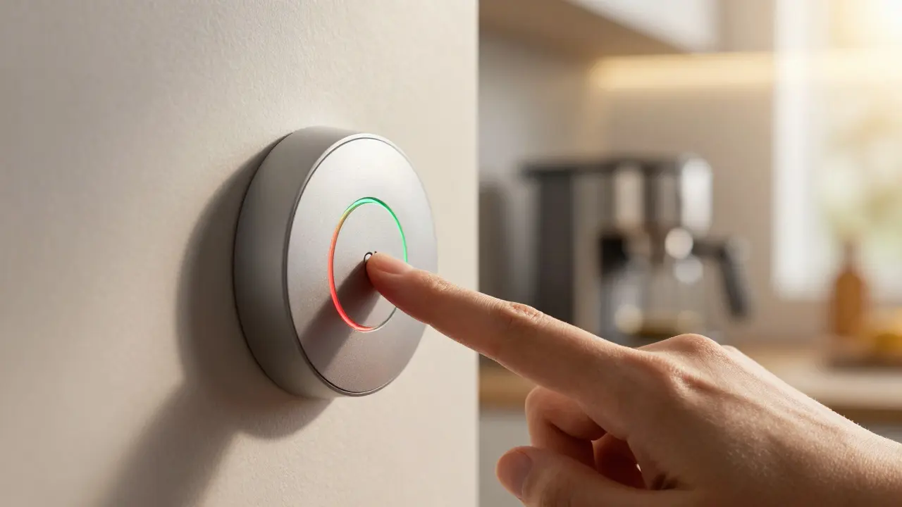 Hand pressing a smart home button triggering a morning routine automation