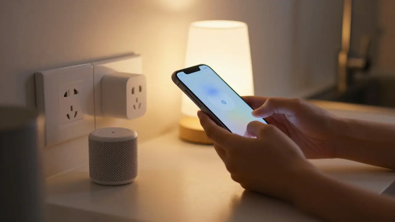Hands holding a phone next to a smart plug and mesh Wi-Fi node on a kitchen counter