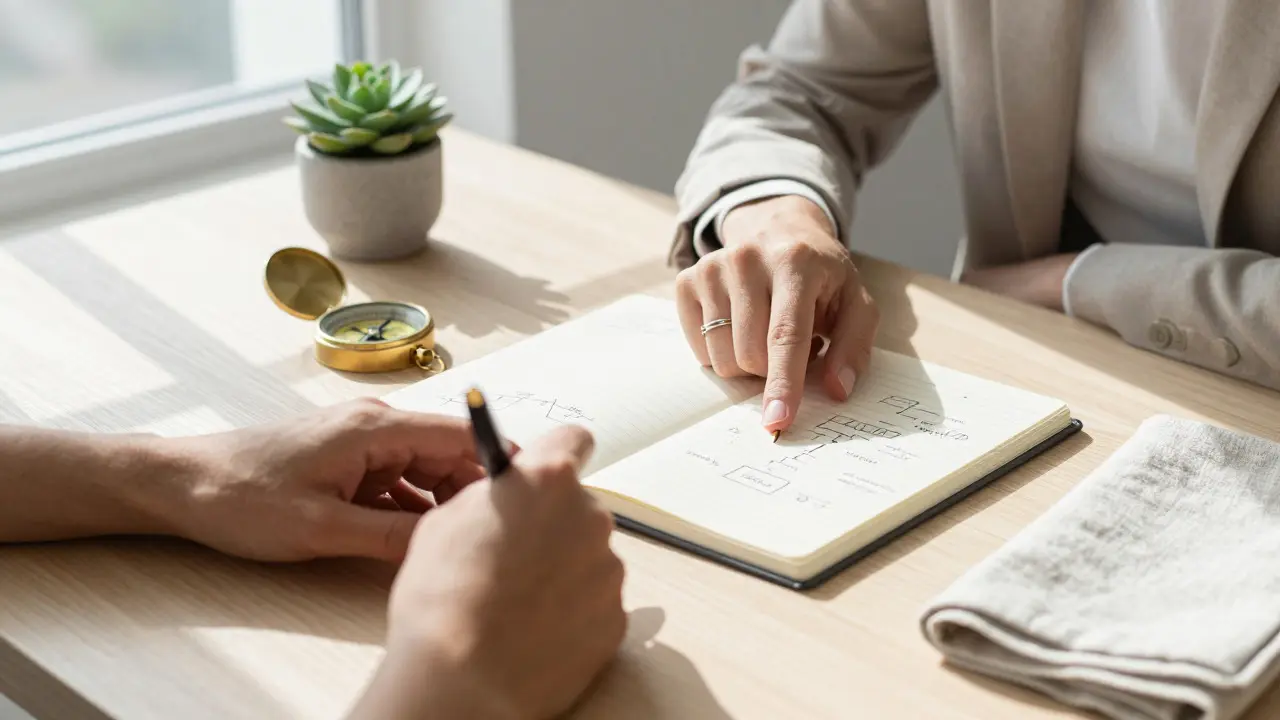 Hands reviewing handwritten notes and process sketches on a desk