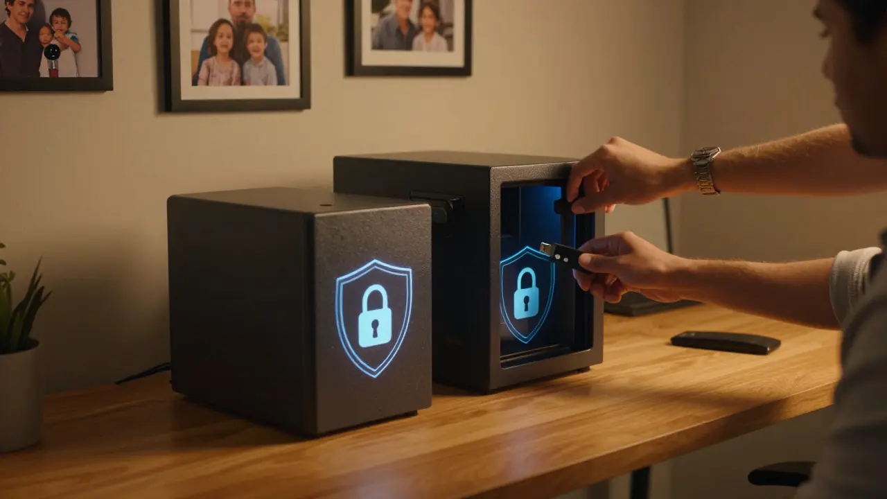 Hands securing a USB drive in a safe next to a NAS and hard drive