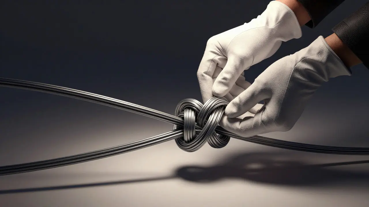 Hands untangling a complex knot of metal wires into an orderly coil