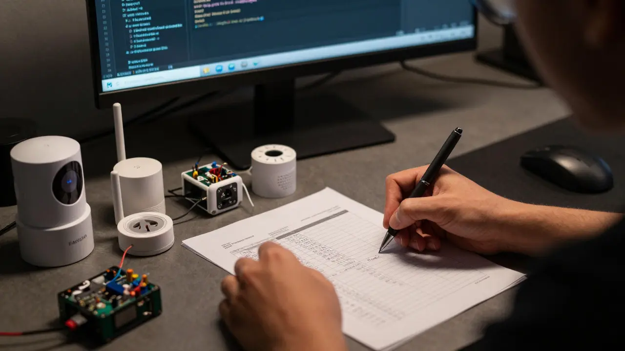 Hands writing notes next to smart home sensors and components on a workbench