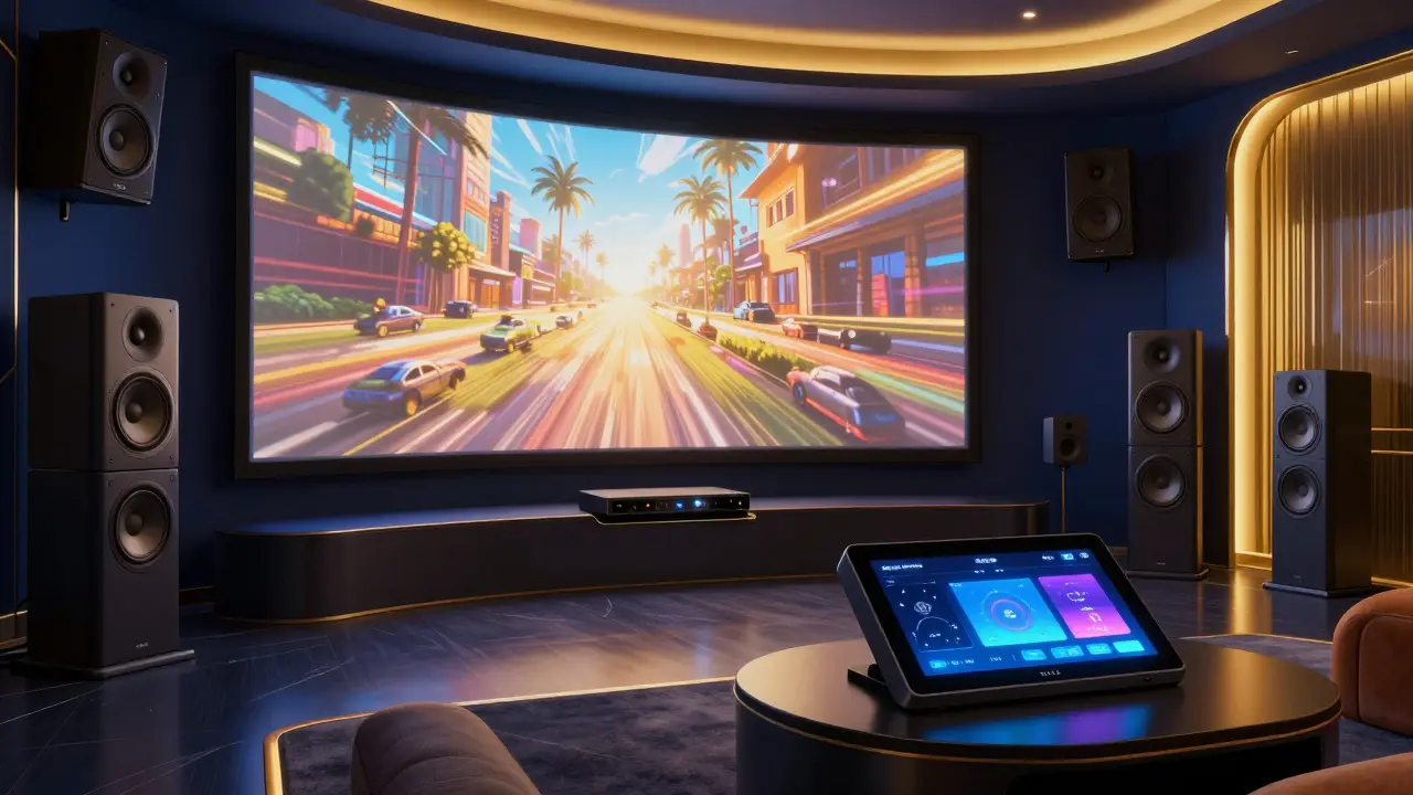 High-end media room with projection screen, premium speakers, and a central touchscreen