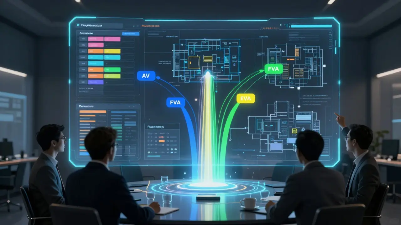 Holographic project management interface showing unified trade schedules