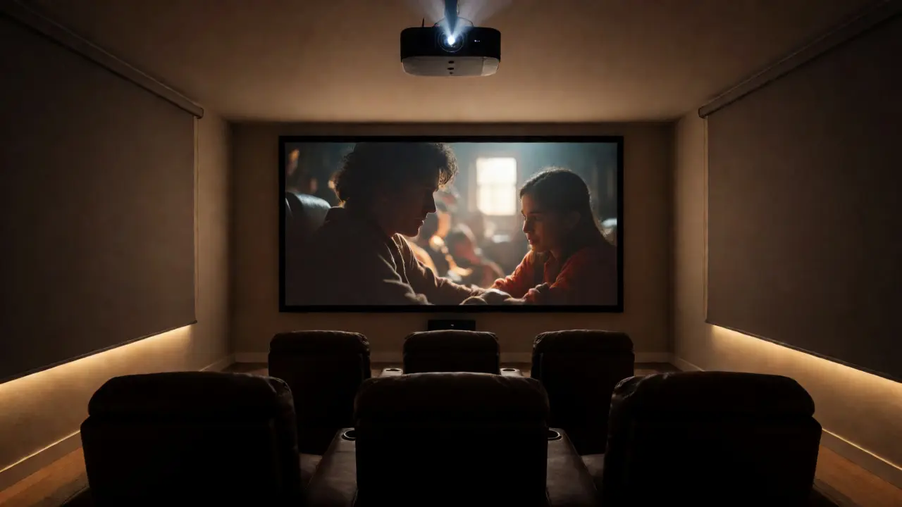 Home theater room with large projection screen and recliners