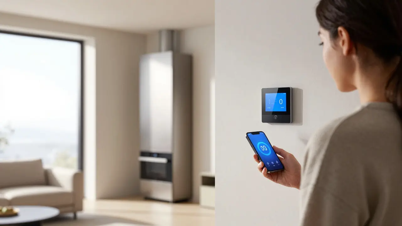 Homeowner checking smart thermostat in a modern living room
