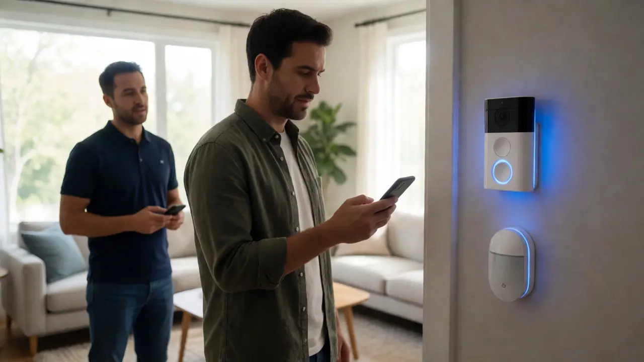 Homeowner testing smart home UI while installer observes in living room