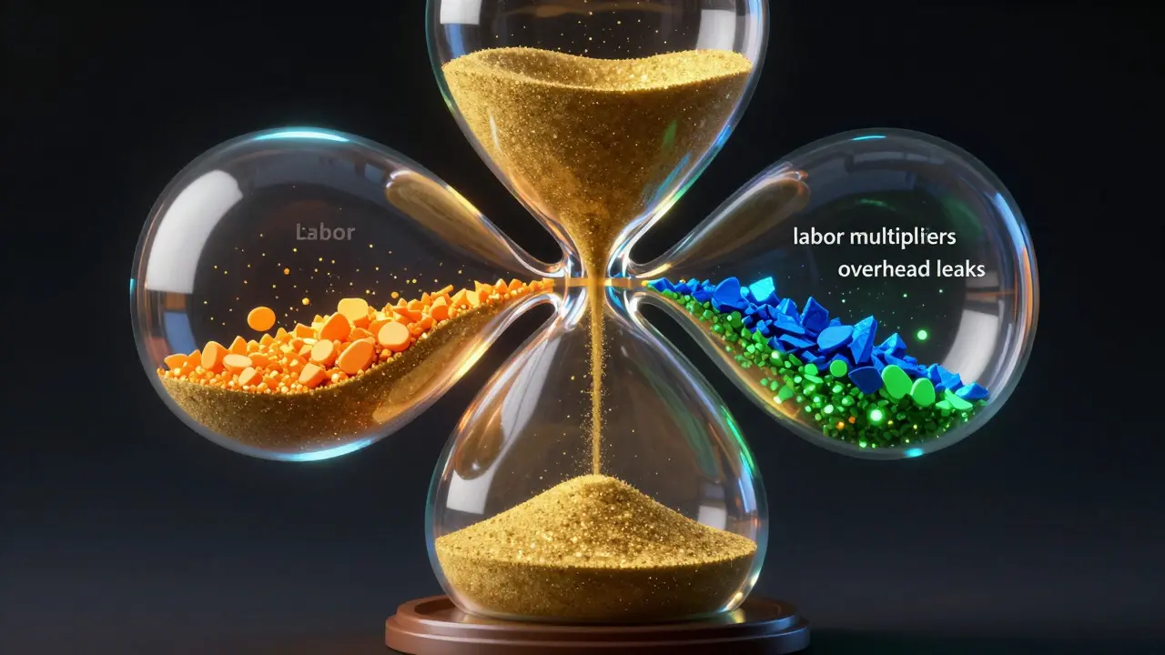 Hourglass with layered colored particles representing labor, overhead, and profit flows
