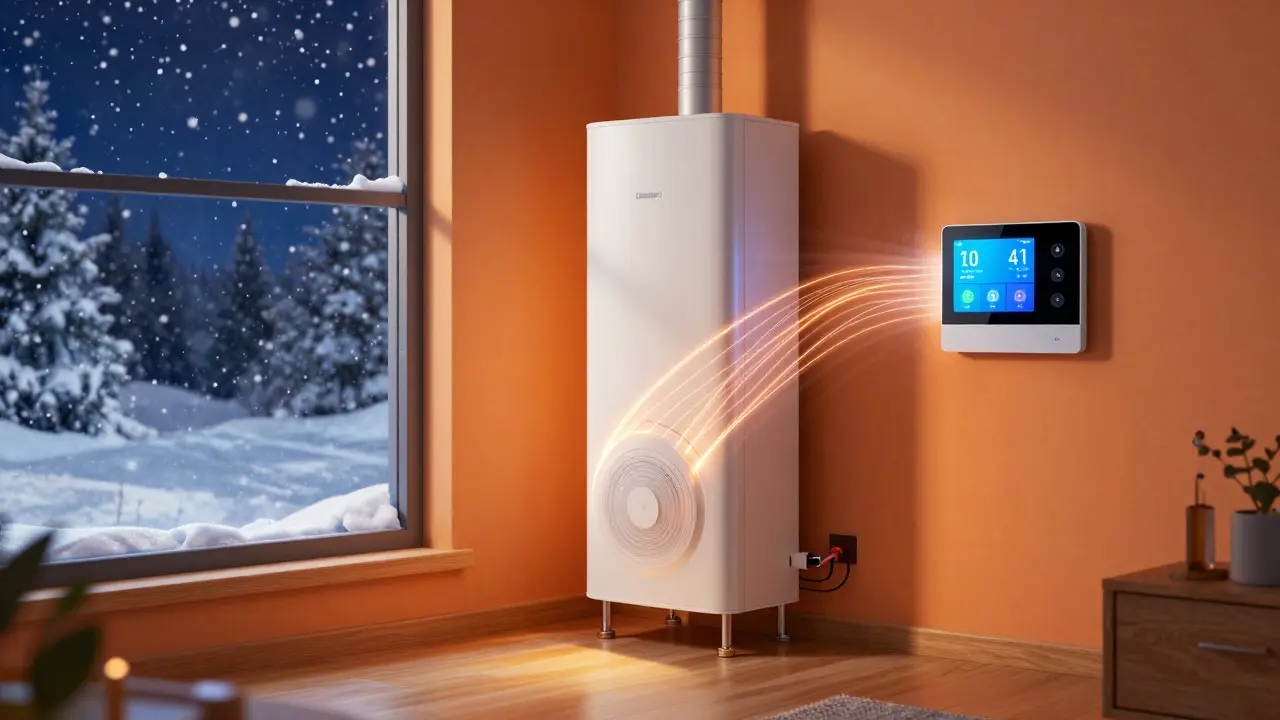 Illustration of a heated home with active smart thermostat system