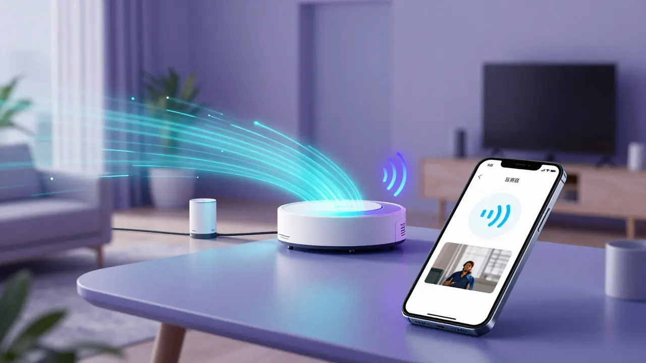 Illustration of a smart home hub connecting sensors to a phone notification