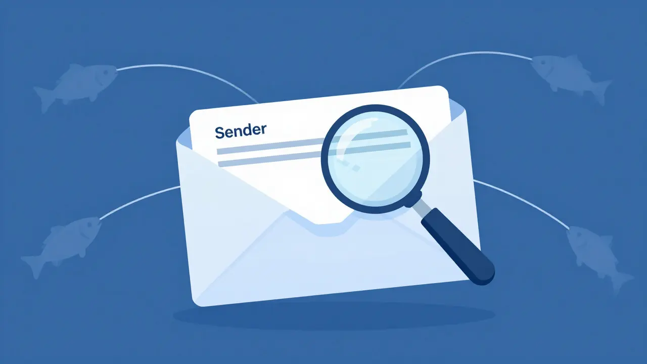 Illustration of an envelope with a magnifying glass revealing a suspicious sender address