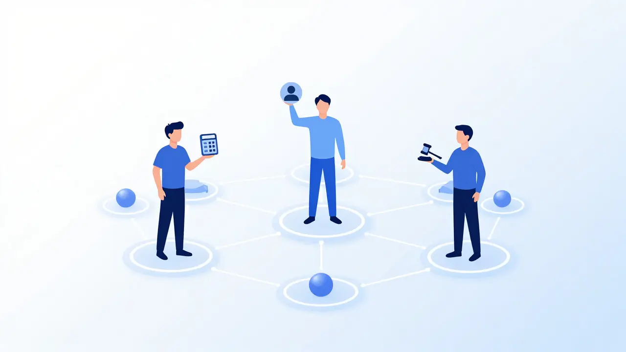 Illustration of business partners connecting through a central tech hub