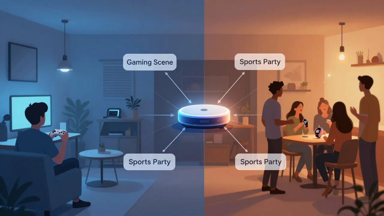Illustration of different smart home scenes for gaming and social events
