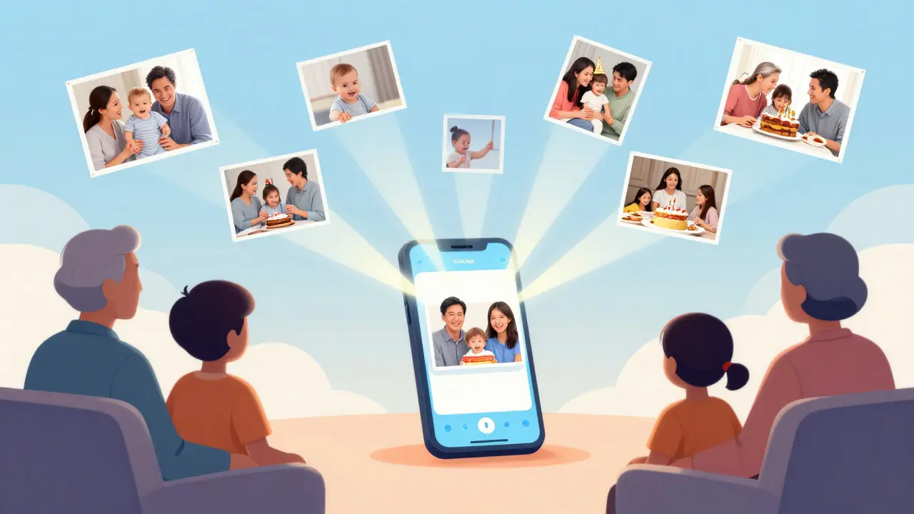Illustration of family photos connecting grandparents and grandchildren digitally