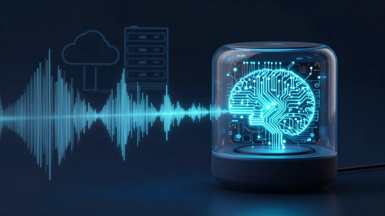 Illustration of sound waves processing locally inside a smart speaker