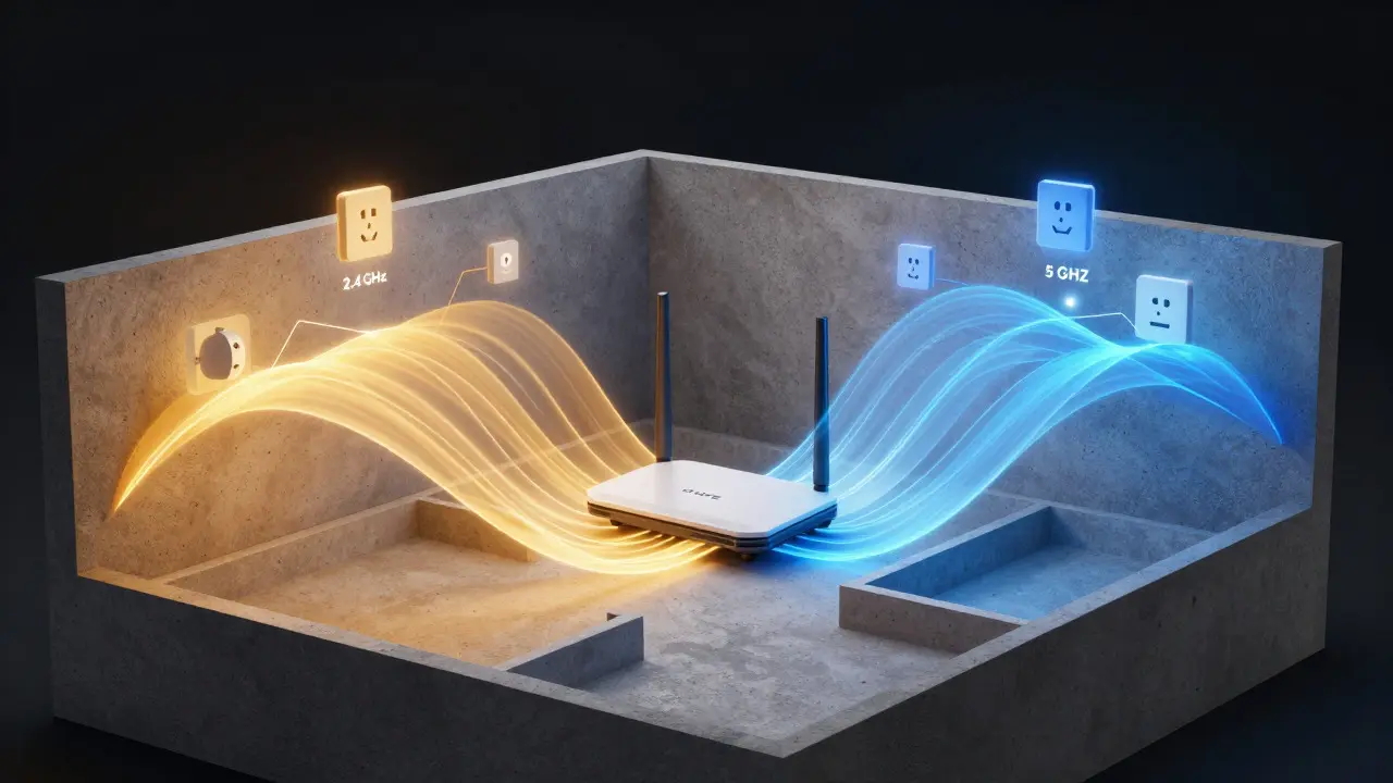 Illustration showing 2.4 GHz and 5 GHz Wi-Fi signals reaching different areas of a home