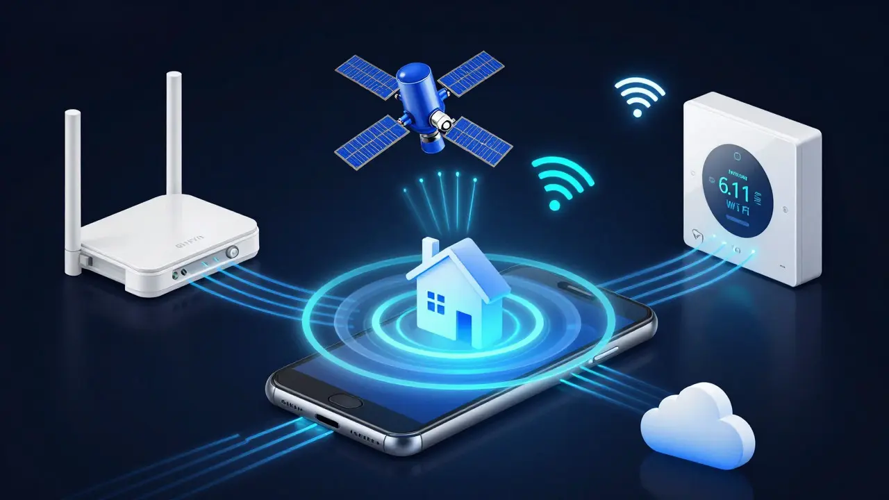 Illustration showing GPS and Wi-Fi signals connecting a phone to a smart thermostat
