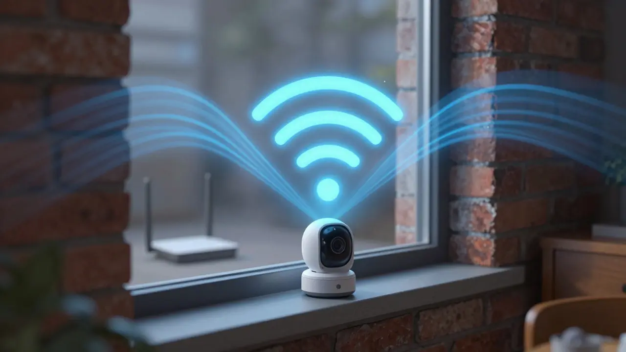 Illustration showing Wi-Fi signal waves passing through walls to a camera